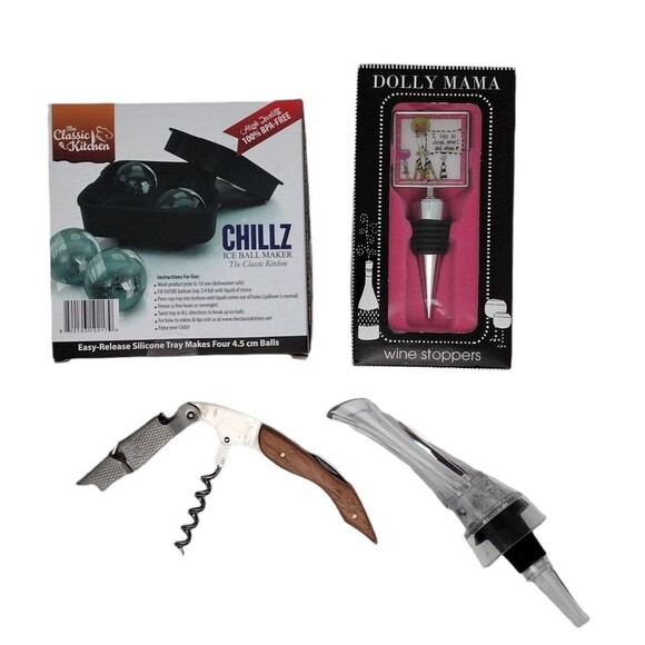 Barware Wine Kit Lot of 4 Aerator Stopper Pourer Waiters Corkscrew Ice Maker - Picture 1 of 5